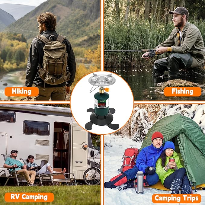 Camping Stove Propane Portable Backpacking Cooker with Single Burner Adjustable Flame Foldable Base Camp Stove Kit for Outdoor Cooking Hiking Emergency Essential (Fuel not Included)