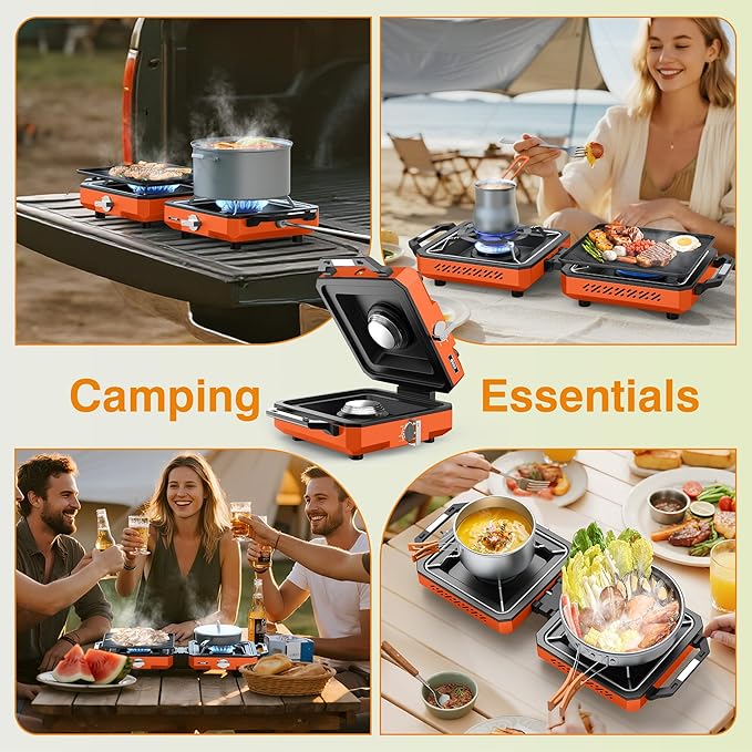 ODSD 2 Burner Camping Stove with Windshield 20000 BTU Propane Camp Stove Portable Folding Gas Stove Camping Essentials Gear Includes Frying Pan Coffee Stand &amp Carry Bag Orange
