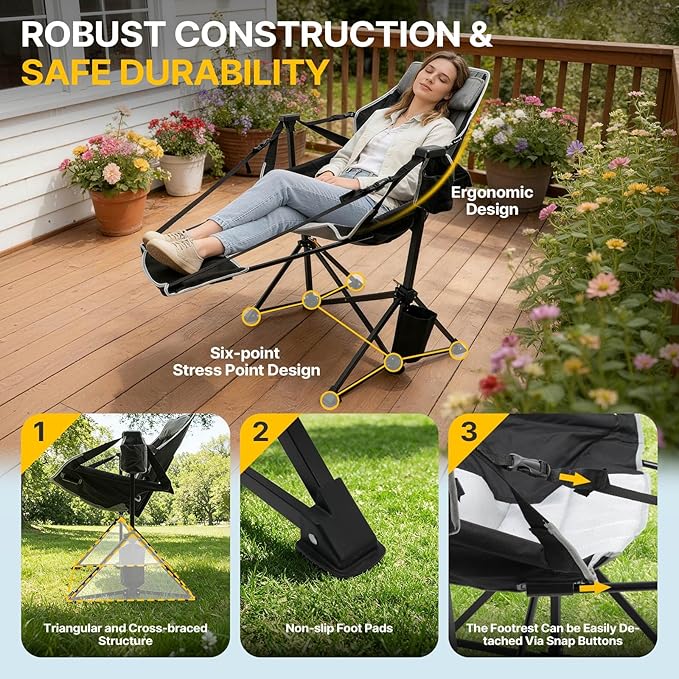 ZENPETIO Hammock Camping Chair with Footrest Swinging Portable Folding Camp Chairs for Adults 500lbs Heavy Duty Outdoor Rocking Chair Foldable Oversized Rocker with Cup Holder Pillow for Patio Beach