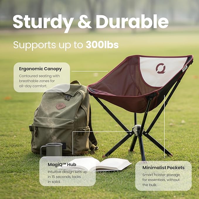 CLIQ ClassiQ 2.0 Camping Chair with Carry Bag - Portable Folding Chair &amp Bag for Outdoors - Reinforced 400 lb Capacity - Quick-Setup Travel Chair for Camping Beach &amp Hiking - Brick