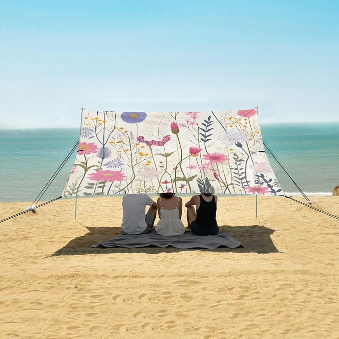 Wild Flowers Beach Tent Sun Shelter 9.2' x 10.5' Beach Canopy with 4 Sandbags 4 Stability Poles Sand Shovels - Tent Canopy for Beach Camping Fishing Picnics