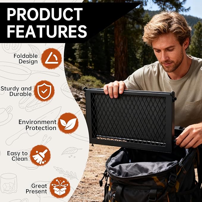 Folding Campfire Grill grate Compact Height-Adjustable Fire Pit Grilling Grate Heavy Duty Swivel Over Fire Cooking Grate with Handbag for Outdoor Camping Hiking Backpacking and Family Gatherings