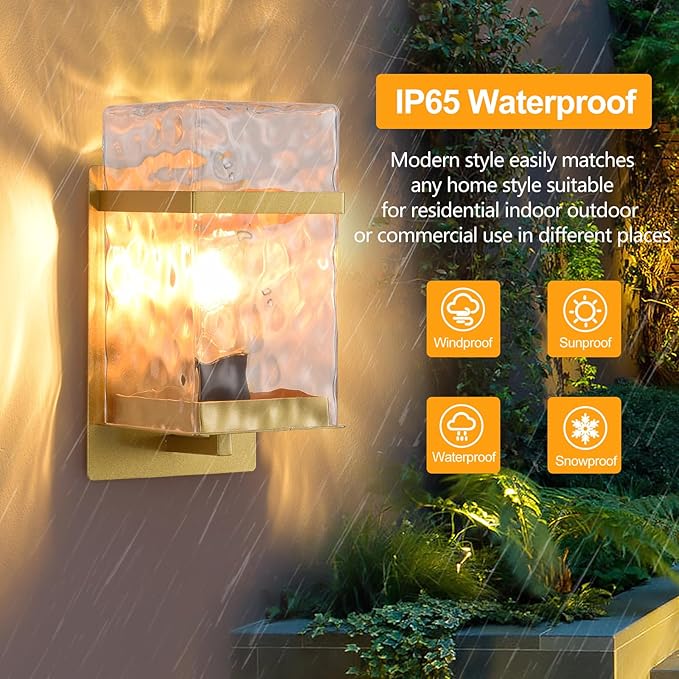 Outdoor Wall LightGold Exterior Waterproof LanternsPorch Sconces Wall Mounted Lighting with E26 Sockets &amp Glass Shades for GarageDoorwayPatioFront Door