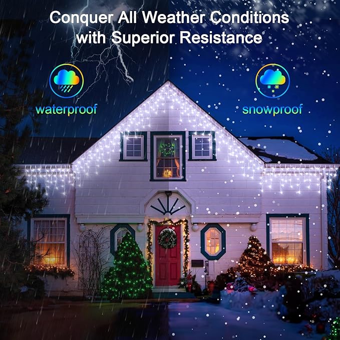 132FT 1332 LED Outdoor Christmas Lights - 296 Ice Drops 12 Pro Modes with Timer Memory &amp Brightness Waterproof Hanging Ice String Light for Holiday Wedding Garden Fence House Decor (Cool White)