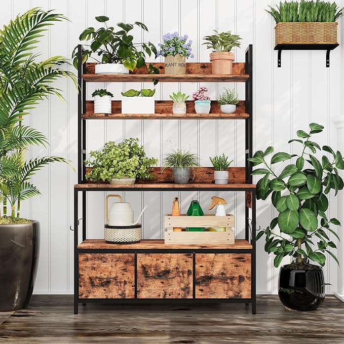 IDEALHOUSE 5 Tier Kitchen Bakers Rack with Charging Station &amp Drawers Industrial Microwave Oven Stand Freestanding Farmhouse Coffee Bar Station Utility Shelves with Hooks Vintage Brown