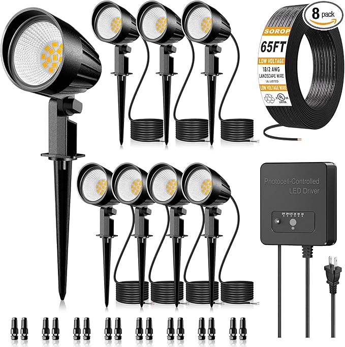 Low Voltage Landscape Lighting Kit 12W Landscape Lights with Transformer 65FT UL-Listed Wire &amp Connectors 2700K Waterproof Outdoor Garden Lights for Yard House Tree 12V-24V 8Pack