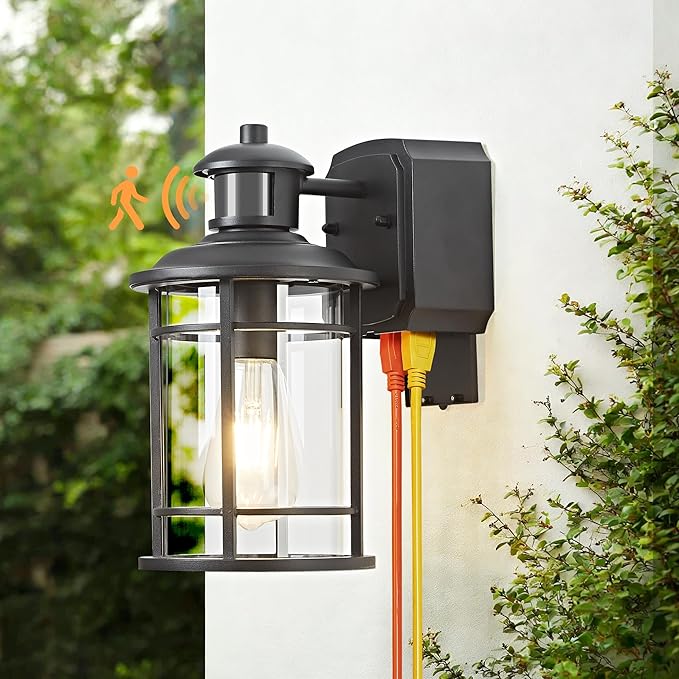 Patio Wall Light Fixture with Dual GFCI Outlets Outdoor Light with Outlet Motion Sensor with 3 Sensor Modes &amp Dusk-to-Dawn Vintage Industrial Black Outdoor Lantern for Porch Patio Garage Entry
