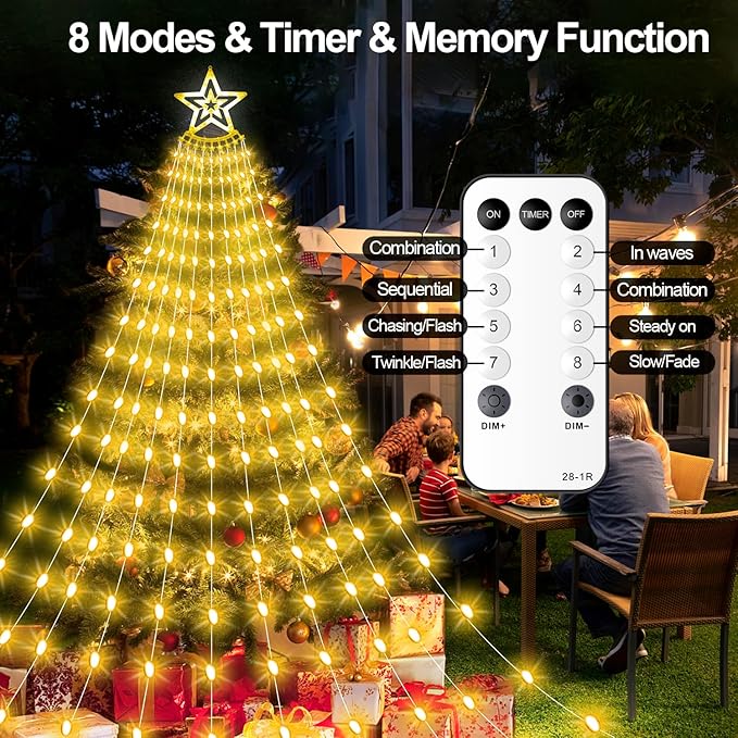 Christmas Decorations Star Lights Outdoor 23ft 11 Strand 818 LED Waterfall Tree Lights with 8 Modes Timer Remote Plug in Christmas Lights for Indoor Yard Patio Home Holiday Party Decor Warm White