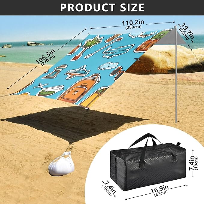 ALAZA Travel Sticker Beach Tent Sun Shelter UPF50+ Protection Beach Shade Canopy w/ 4 Sandbags for Outdoor Camping Fishing Backyard Fun Picnic 10x9 ft