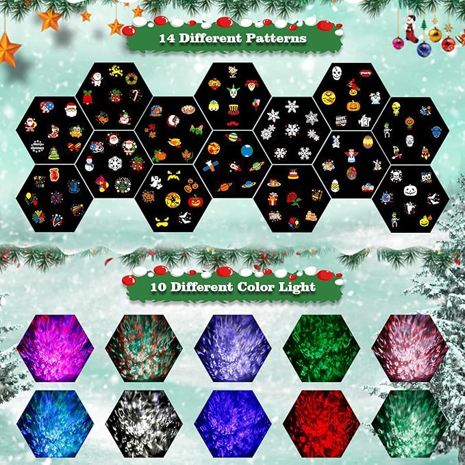 2025 Upgraded Brighter Halloween Christmas Outdoor Projector Lights with 14 HD (3D Ocean Wave+Patterns) Replaceable Slides Waterproof for Indoor Outdoor Xmas Theme Party Yard Garden Decoration