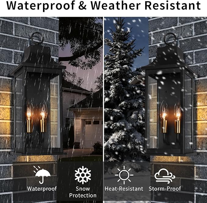 JYZ 18 Outdoor Wall Light Lantern 2-Light Exterior Wall Sconce with Gold Socket &amp Clear Glass Anti-Rust Matte Black Outside Lighting Fixture for Front Door Porch Garage E12 Base