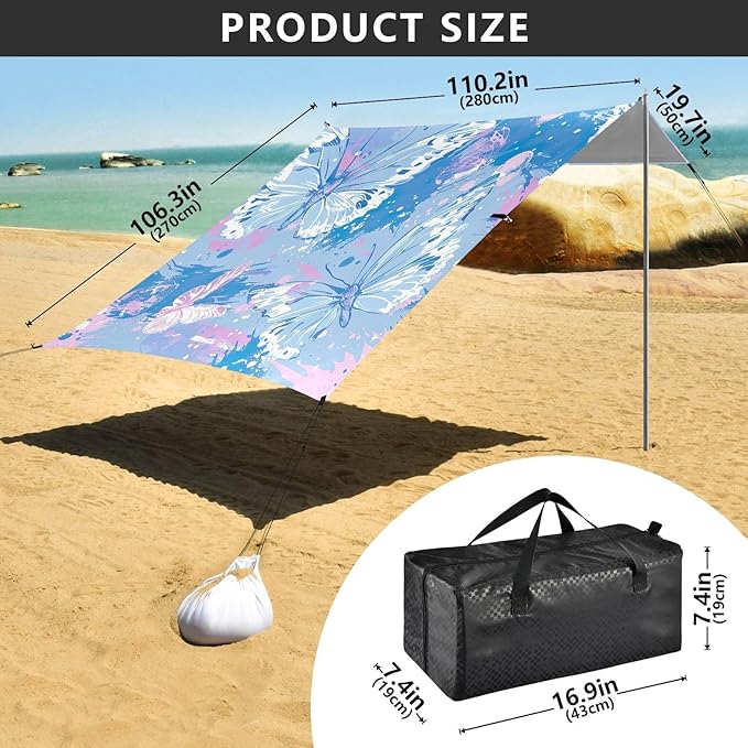 Butterflies Beach Tent Sun Shelter 9.2' x 10.5' Beach Canopy with 4 Sandbags 4 Stability Poles Sand Shovels - Tent Canopy for Beach Camping Fishing Picnics