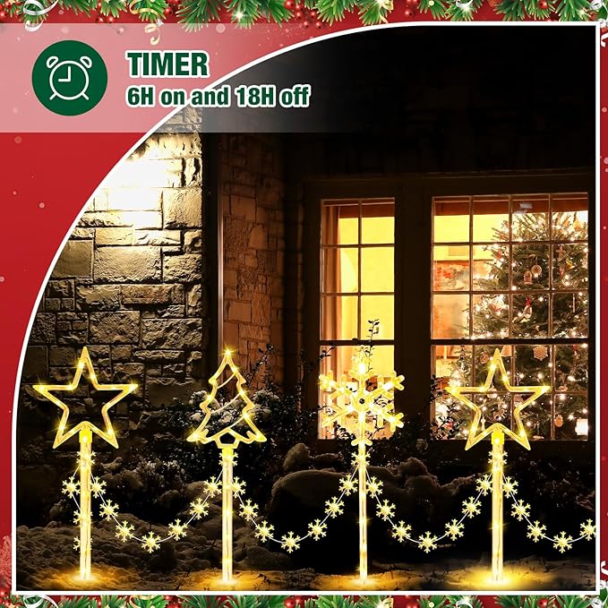 12 Pack Outdoor Snowflake Walkway Lights Plug in Christmas Pathway Lights 8 Modes Xmas Waterproof LED Garden Stake Light for Walkway Porch Yard Lawn(Warm White)