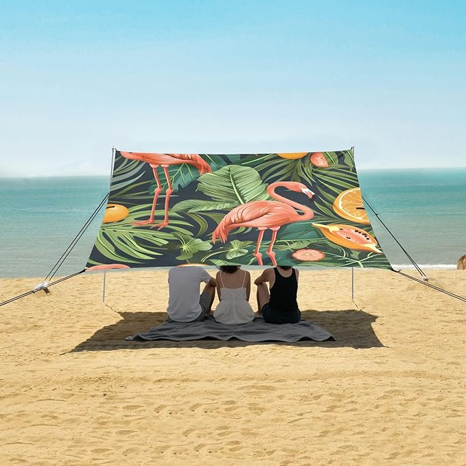 Seamless Pattern with Flamingos Camping Sun Shelter Beach Tent Portable Beach Sun Shade Outdoor Canopy for Camping Trips Fishing Picnic