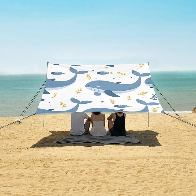 Seamless Pattern of Happy Whale Camping Sun Shelter Beach Tent Portable Beach Sun Shade Outdoor Canopy for Camping Trips Fishing Picnic