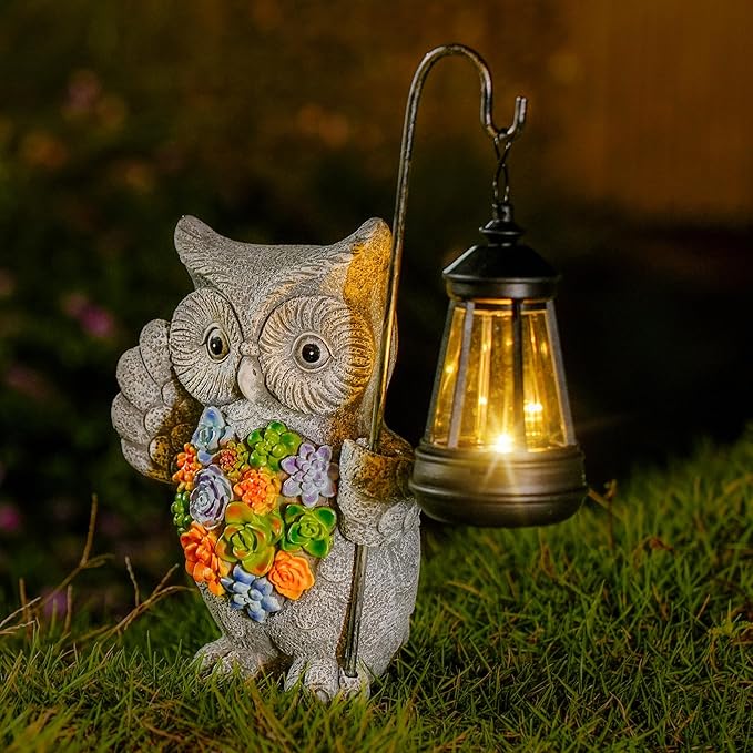 Solar Owl Garden Statue with Succulent Decor &amp Hanging Lantern – Outdoor Resin Decor for Patio Yard Balcony – Unique Gift for Women Gardeners