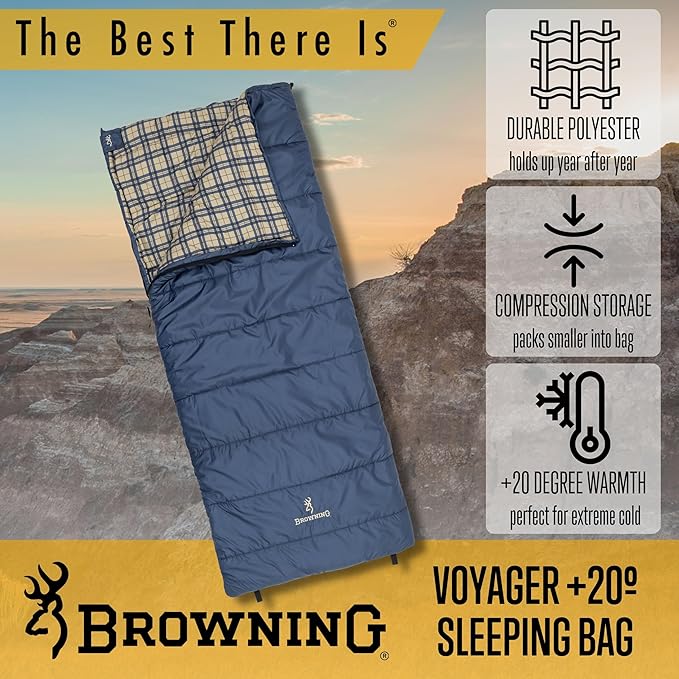 Browning Voyager 20° Rectangular Sleeping Bag – Cold Weather Camping Sleeping Bag with TechLoft Silver Insulation Water-Resistant Shell &amp Stuff Sack for Camping RV &amp Outdoor Travel