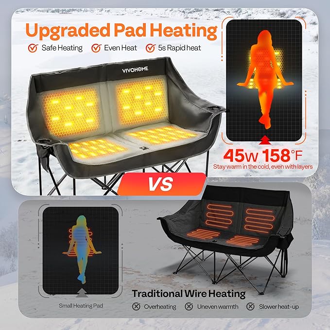 VIVOHOME 45W Padded Heating Double Camping Chair with 2 x 27000mAh Power Bank Heated Oversized Portable Loveseat for Outdoor Sports 3 Levels of Heat Overheat Protection System Black and Gray