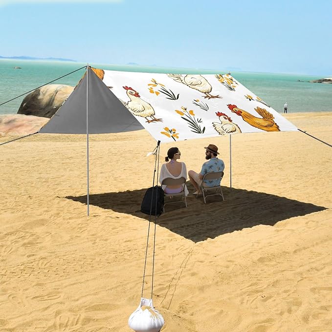 Rooster Hen Chicken Pattern Camping Sun Shelter Beach Tent Portable Beach Sun Shade Outdoor Canopy for Camping Trips Fishing Picnic