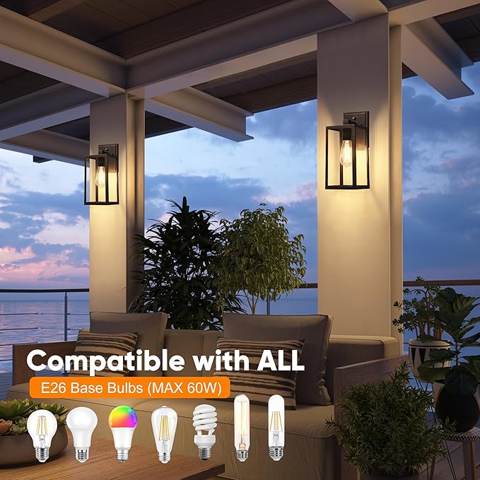 PARTPHONER Dusk to Dawn Porch Light Fixtures Black Brushed Gold Exterior Lighting Lamp Sensor Wall Lantern Waterproof Outdoor Wall Sconce for House Doorway Garage 2 Pack