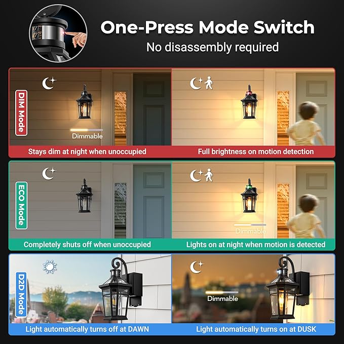 OPAIXS Motion Sensor Outdoor Wall Lights with Outlet Black Front Porch Light with GFCI Outlet Modern Coach Lights for Garage Waterproof Exterior Wall Sconce Lantern E26 Outside Wall Light Fixture