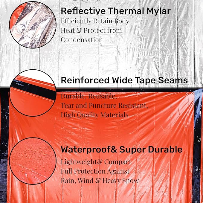 6 Pack Emergency Survival Sleeping Bags Thermal Bivy Sack Blanket Lightweight Portable Nylon Sack with Whistle Aluminized PE Survival Gear Supplies for Camping Hiking Outdoor Adventure