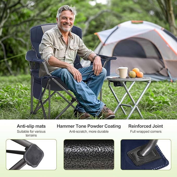 LET'S CAMP Folding Camping Chair Oversized Heavy Duty Padded Outdoor Chair with Cup Holder Storage and Cooler Bag 450 LBS Weight Capacity Thicken 600D Oxford2 Pack