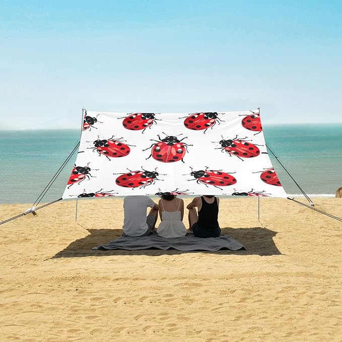 Lady Bug Pattern Beach Tent Sun Shelter 9.2' x 10.5' Beach Canopy with 4 Sandbags 4 Stability Poles Sand Shovels - Tent Canopy for Beach Camping Fishing Picnics