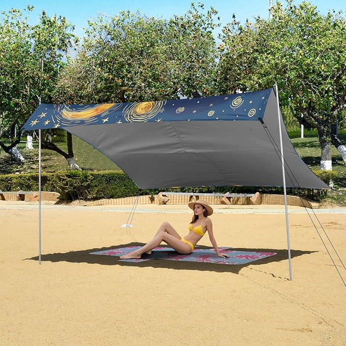 ALAZA Elephant Starry Sky Moon Beach Tent Sun Shelter UPF50+ Protection Beach Shade Canopy w/ 4 Sandbags for Outdoor Camping Fishing Backyard Fun Picnic 10x9 ft