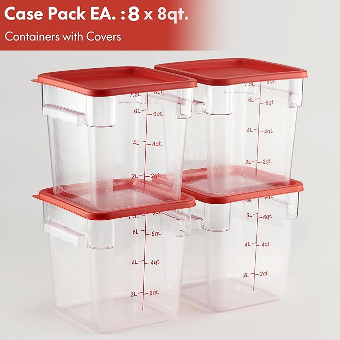 CURTA 8-Pack 8 Qt NSF Clear Polycarbonate Food Storage Containers with Red Lids - Square Commercial-Grade Freezer &amp Dishwasher Safe Stackable