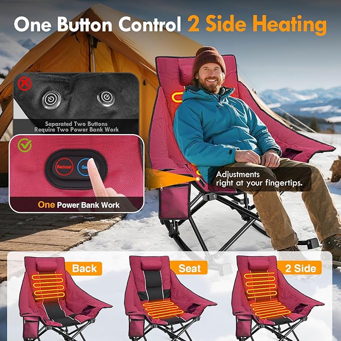 Slendor Oversized Heated Camping Chair with 2000mAh Battery Padded &amp Pillow Heated Rocking Chair 3 Adjustable Heat Settings Camping Rocker Chair for Easy Setup and Foldable Storage