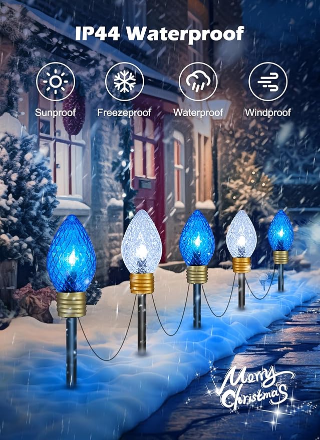 Moonflor Strawberry Jumbo C9 Christmas Pathway Lights Outdoor - 2Pack Total 17FT 10 LED C9 Walkway Light Christma Decoration OutsideChristmas Lights Outdoor for Lawn Yard Holiday Blue &amp Pure Wh