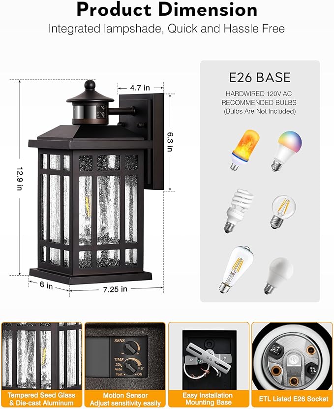 Porch Lights Outdoor with Motion Sensor 2 Packs Oil Rubbed Bronze Outside Lantern Fixtures Wall Mount Aluminium Anti-Rust Exterior Wall Light Dusk to Dawn Coach Light for Garage Patio Entry