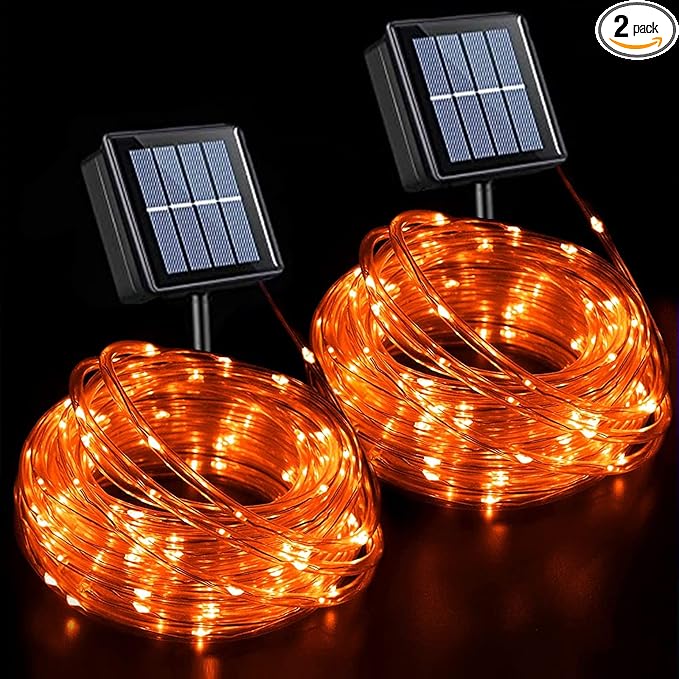 QITONG Orange Solar Rope Lights 2 Pack Each 33ft 100 LED String Lights Outdoor Fairy Lights in Clear Thin Tube with 8 Modes for Thanksgiving Fall Decor