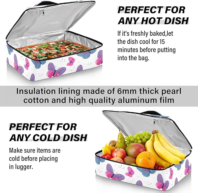 Casserole Carrier Beautiful Pattern ButterfliesInsulated Casserole Carrier for Hot or Cold Food Thermal Lunch Tote for Potluck Parties Picnic Beach Fits 9 x 13 Inches Baking Dish