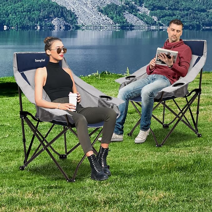 SUNNYFEEL Lightweight Oversized Camping Chairs for Adults Portable Folding Chair with Side Pockets &amp Cup Holde for BeachFishingTripPicnicLawnConcert Outdoor Carry Bag Included