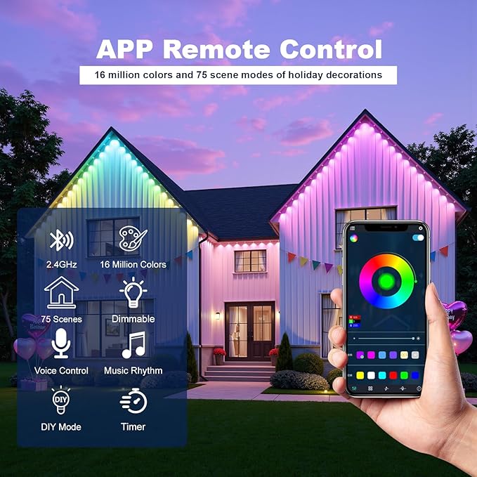 Permanent Outdoor Lights Outdoor Lights100ft with 60 RGBIC LED Lights for Daily and Accent Lighting APP/Remote Control Outdoor Decor Modes IP67 Waterproof White