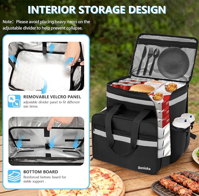 Food Delivery Bag Expandable Delivery Backpack with 4 Cup Holders Large Insulated Pizza Bag for Hot/Cold Food Reflective Bike Courier Backpack Fits Uber Eats DoorDash Grubhub Camping Black