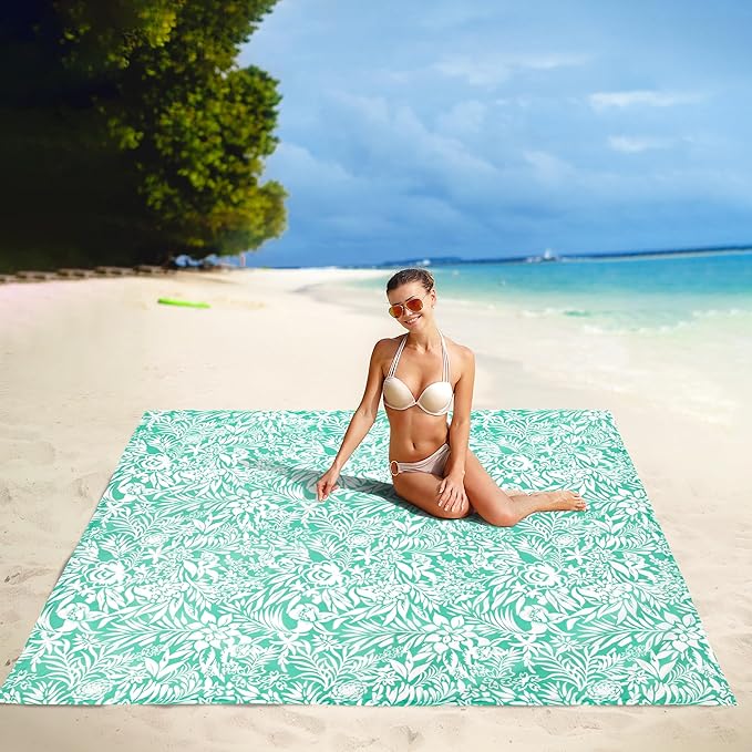 Beach Blanket Waterproof Sandproof Beach Mat with 4 Stakes &amp 4 Pockets 78''×86'' Large Compact Lightweight Sand Free Outdoor Essentials for Beach Picnic Travel Camping
