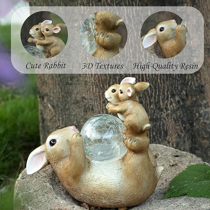 Solar Bunny Lamp Playing with Ball 10x5x9 Inch Outdoor Easter Rabbit Decor Whimsical Garden Statue for Lawn Backyard &amp Night Landscape Easter Bunny Figurine Night Light