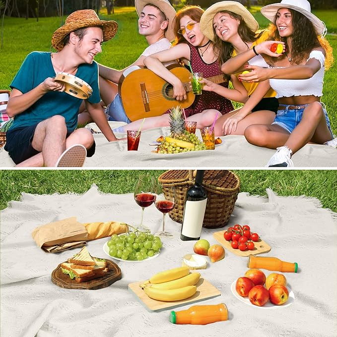 Extra Large Outdoor Picnic Blanket Oversize Beach Woven Cotton Yarn Blanket with Fringe Machine Washable Sandproof Portable for Spring Summer Camping Beach Park (Beige)