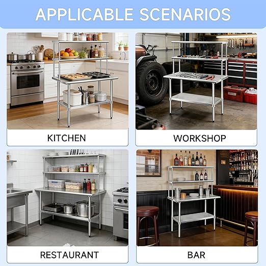 ROCKPOINT Stainless Steel overshelf for Prep Work Table 12 D x 48 WCommercial Double Overshelf in Kitchen HomeRestaurantGarage with countertop Capacity 380lb