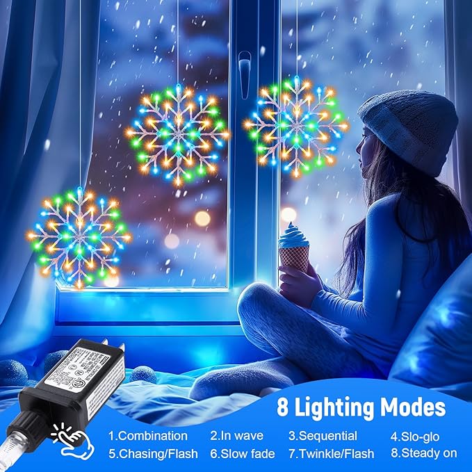 Brightown Christmas Snowflake Icicle Lights Outdoor - Plug-in 23.6ft 10 Drops 480LED Snowflake Window Lights for Indoor Outdoor Porch Eaves Rooftops Canopy Christmas Decoration Multicolor