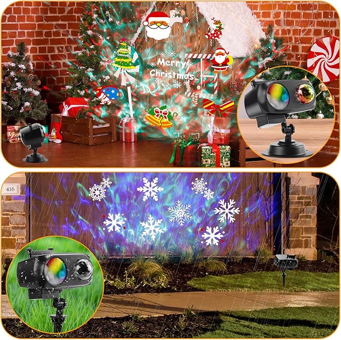 Halloween Christmas Projector Lights Outdoor Brighter 14 HD Slides (3D Ocean Wave+Patterns) Waterproof Outdoor Indoor Holiday Projector Lights for Yard Garden Light Show Xmas Halloween Decorations