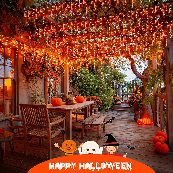 JMEXSUSS Orange Thanksgiving Lights Outdoor 38.8 FT 400 LED Orange Icicle Lights Outdoor Waterproof 8 Modes String Light Plug in for Fireplace Tree Garden Patio Thanksgiving Fall Halloween Decor