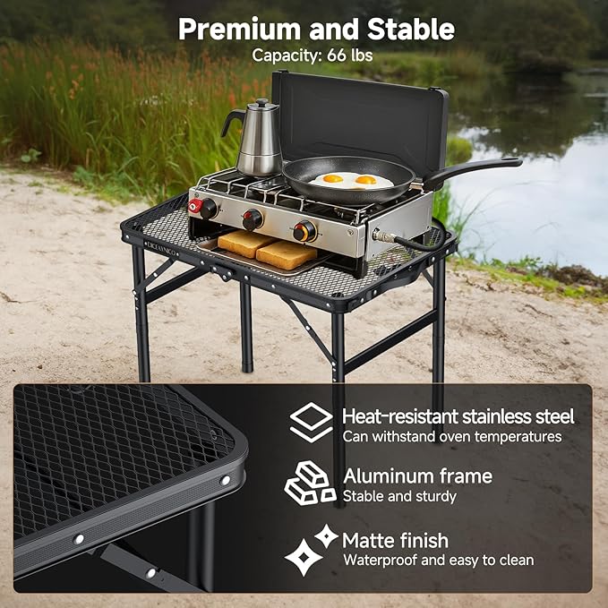 Folding Camping Table 22 x 15 Picnic Table with 3 Adjustable Height Max 27.5 Matte Black Aluminum Folding Table with Handle for Party Dining Garden Patio Market (2-Fold Mesh Tabletop)