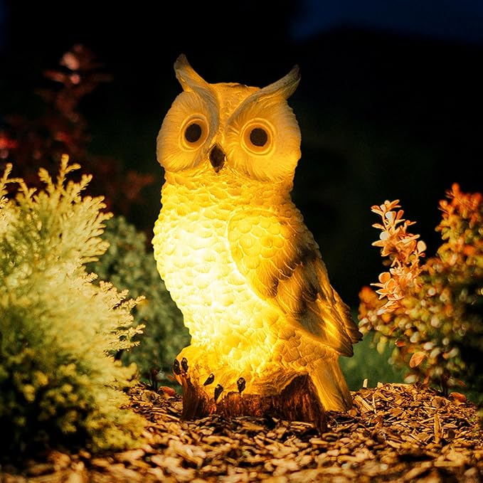 Solar Owl Garden Statues Outdoor Decor Resin Owl Figurine with LED Lights Owl Sculpture for Porch Patio Lawn Yard Decorations Christmas Housewarming Gifts for Women MomWhite Owl
