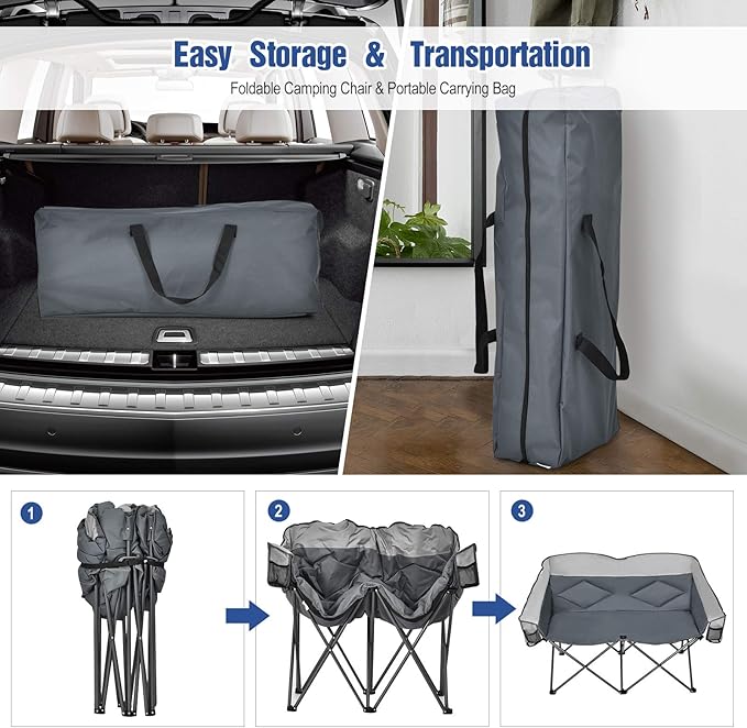 Loveseat Camping Chair Double Folding Chair Support 500 LBS Heavy Duty for 2 Adults Oversize Camp Seat with Storage Bags Backrest Padded Wide Camp Seat for Outside Picnic Beach (Grey)