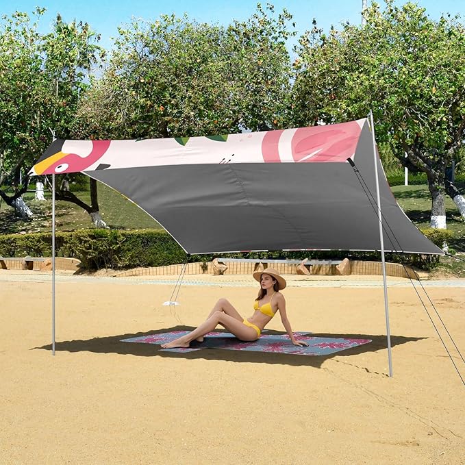 Flamingo Cute Cartoon Leaf Flower Camping Sun Shelter Beach Tent Portable Beach Sun Shade Outdoor Canopy for Camping Trips Fishing Picnic