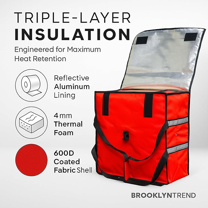 Pizza Bags for Delivery – Extra Large (20 X 20) Insulated Pizza Delivery Bag | Waterproof Pizza Warmer Carrier for Doordash Uber Eats | Front Load Heavy Duty (Red 20X20X8)